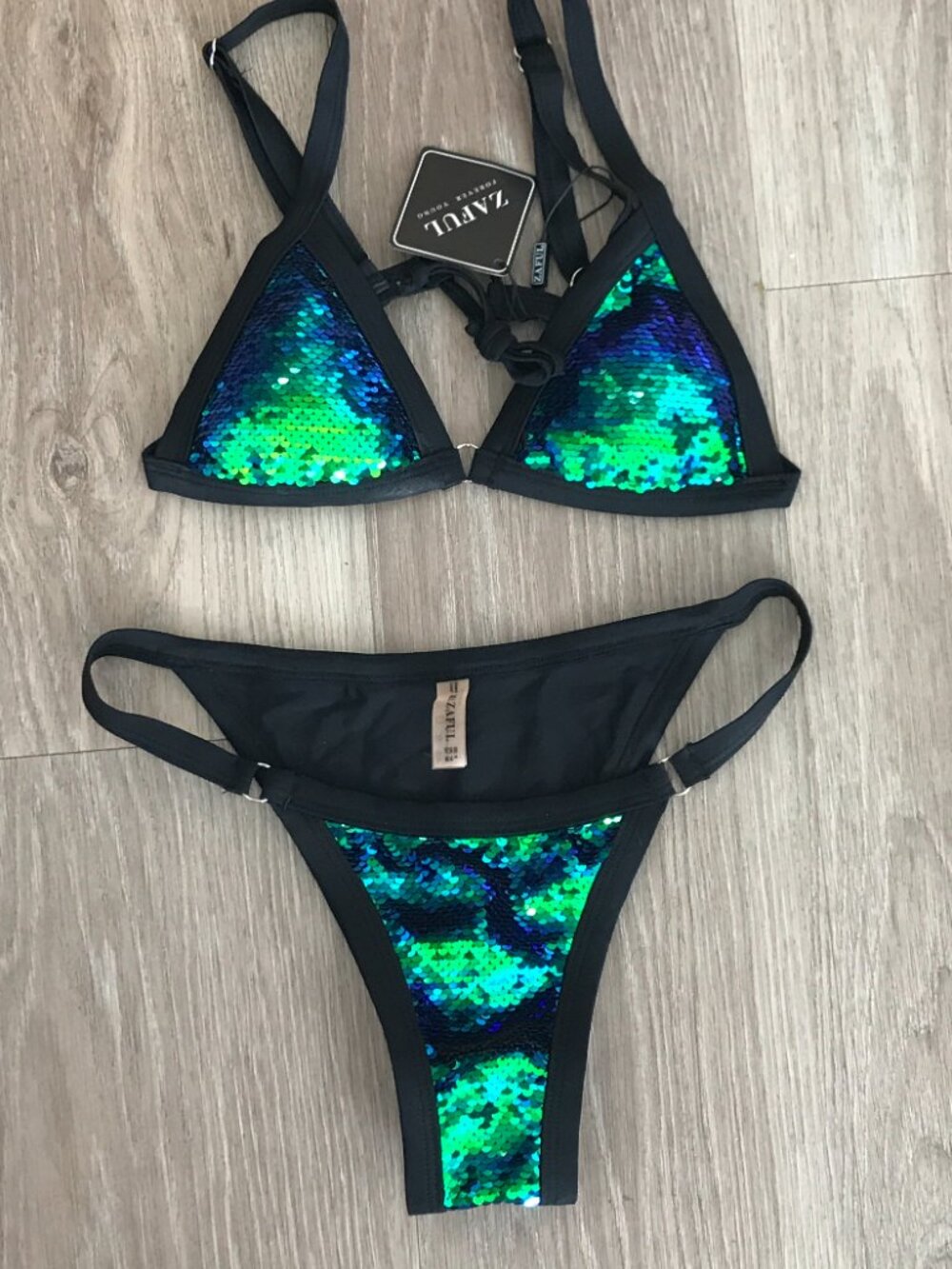 Zaful Black Bikini with Green and Blue Sequin Panels